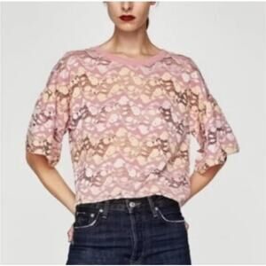 Zara Pink Lace Semi Sheer Bell Sleeve Crop Top - Size 8